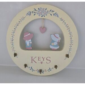 Vintage Wooden Key Rack Sunbonnet Sue & Overall Sam w/Heart Wall Hanging 5 Hooks